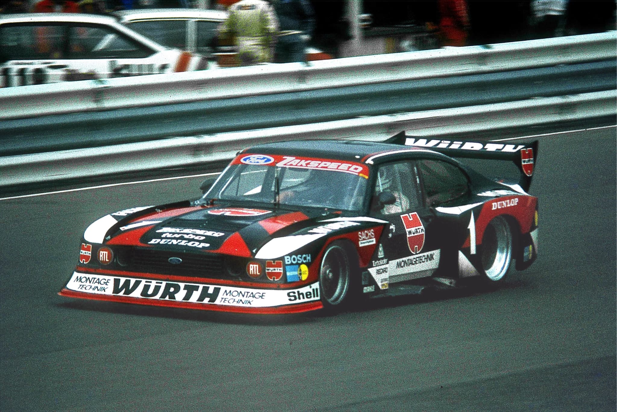 The black and red Zakspeed Ford Capri Turbo, number 1, in practice at the Nürburgring.